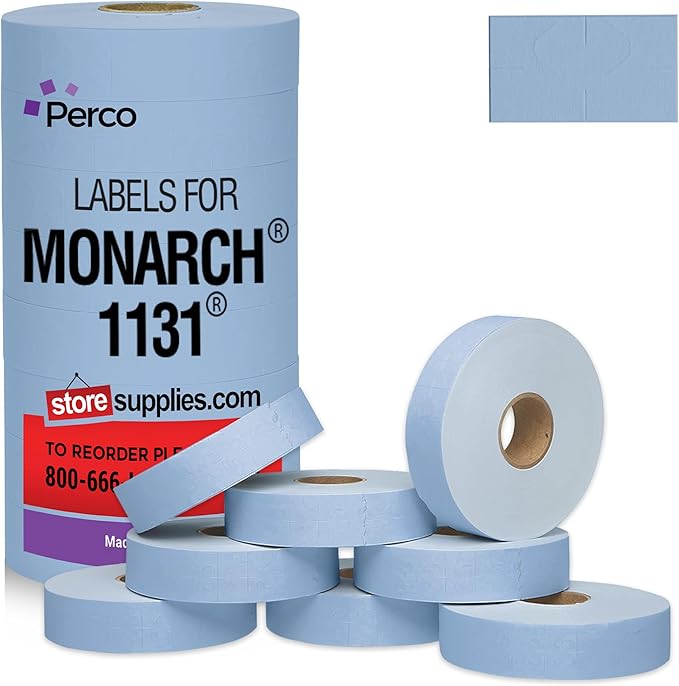 Perco Blue Pricing Labels for Monarch 1131 Price Gun - 1 Sleeve, 8 Rolls, 20,000 Price Marking Labels - with Ink Roll Included