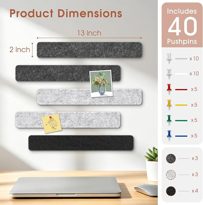 DOLLAR BOSS 10-Pack 13"x2" Felt Board Strips, Classic Grayscale | Small Cork Board for Walls, Alternative Bulletin Pin Board, Bar Strip, For Office Home Door Fridge, Includes 40 Pins