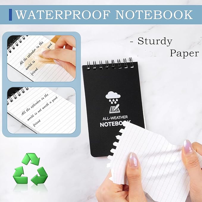 6 Pack Waterproof Notebook, 3 x 5 Pocket Notepad, Top-Spiral Weatherproof NotePad, All Weather Police Pocket Notebook Little Memo Steno Note Pads for Outdoor Office School Recording