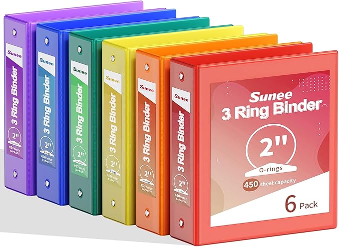 SUNEE 2 Inch Binders 3 Ring 6 Pack, Clear View Three Ring 2" Binders PVC-Free (Fit 8.5x11 Inches) for School or Office Supplies, Classic 6 Colors