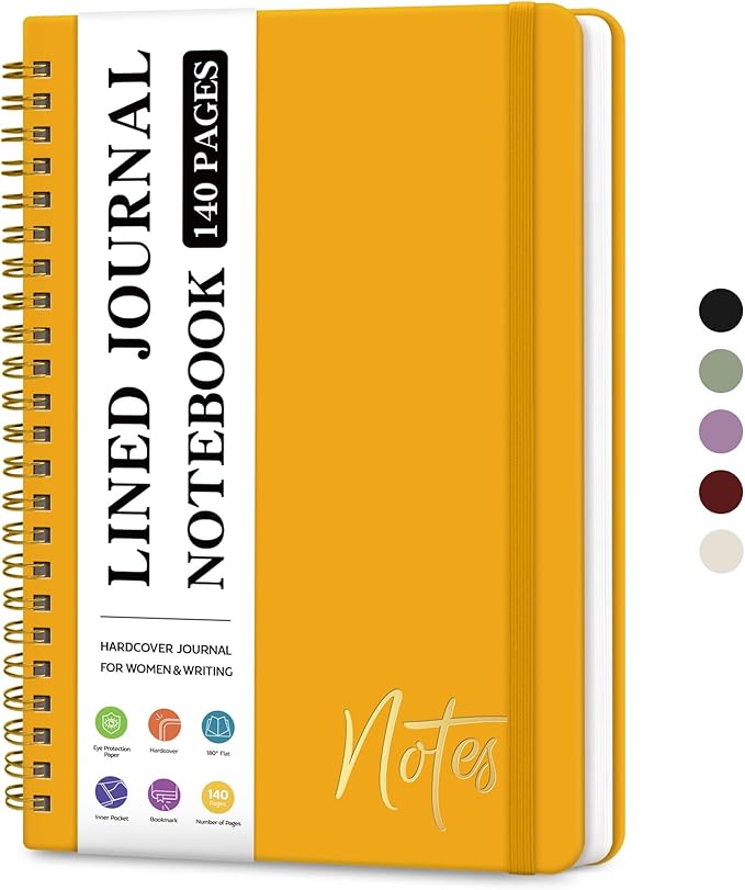 Lined Spiral Journal Notebook for Women, A5 College Ruled Journals for Writing, Hardcover Notebooks for Work, Note taking and Office School Supplies,140 Pages - Yellow