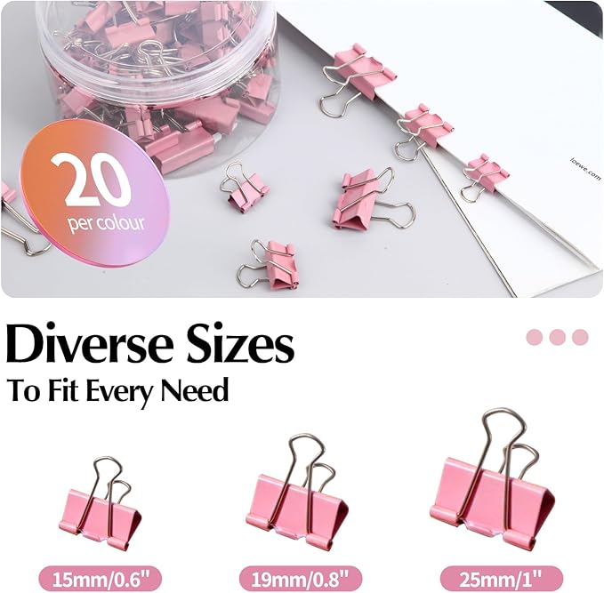 Binder Clips Assorted Sizes, Morandi Colors, Durable Metal Binder Clips for Office, Cute Desk Supplies for Teachers Student (Pink - 1 Box)