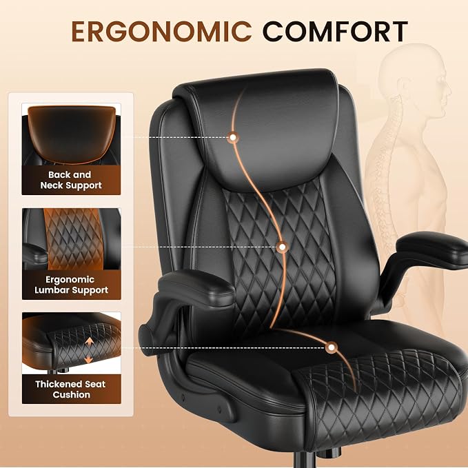 GTPLAYER PU Leather Office Chair, Home Desk Chair with Flip-up Arms, Black | Ergonomic Back, Comfy Executive Chair for Home Office Gaming, Flexible Rocking, Heavy Duty Chairs