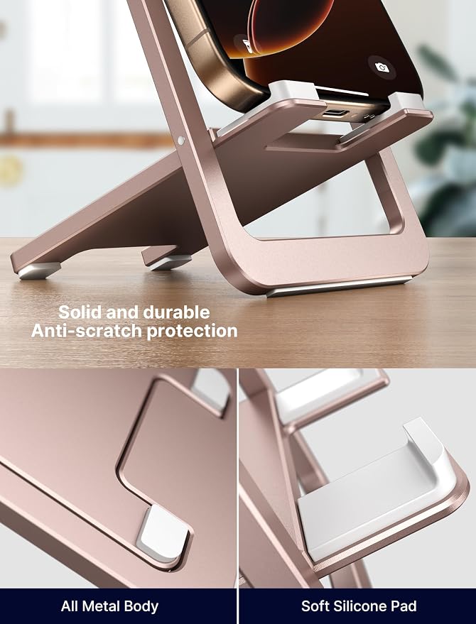 JSAUX Fold-Flat Cell Phone Stand, Adjustable Desk Holder-Pink | Easy to Carry, Travel Friendly, for 4-8 Inch Phones, 0-90° Viewing, Sturdy Aluminum, Reinforced Swivel, Charging Access