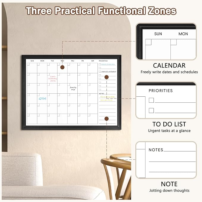 DOLLAR BOSS Magnetic WhiteBoard Calendar, 36x24 in, Dry Erase Board, Black | Monthly Dry Erase Planner for Wall with White Wood Style Frame for Office, School, Dorm, Home Decor