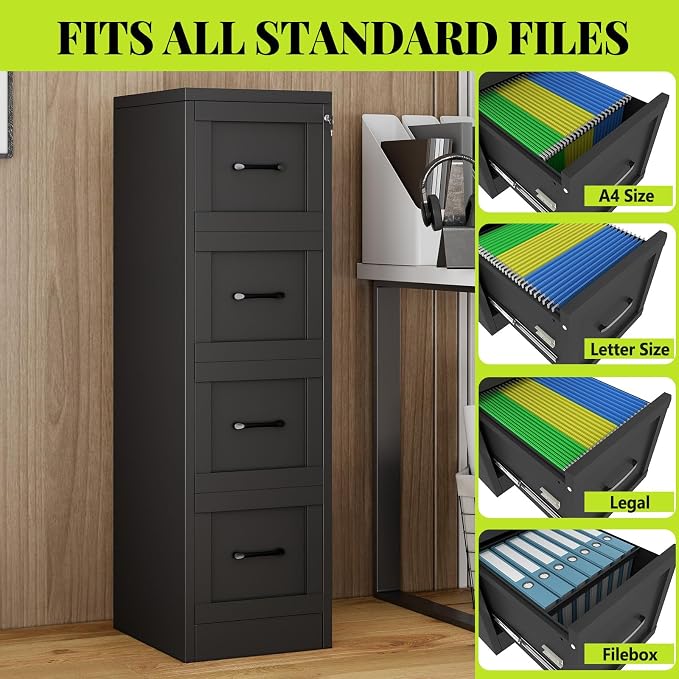4-Drawer Metal File Cabinet with Lock, Tall Narrow Vertical, Black | Tall metal filing cabinet with adjustable rails for Letter, Legal and A4 folders; one lock secures all four drawers