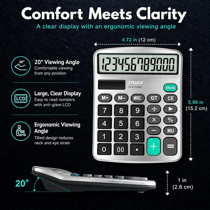 TRULY 12-Digit Desktop Calculator with Large Display, Big Buttons, Dual Power (Solar + Battery), Metal Finish, Ideal for Office, Home, School – 837A Pro Metal 2 Pack Black/Silver