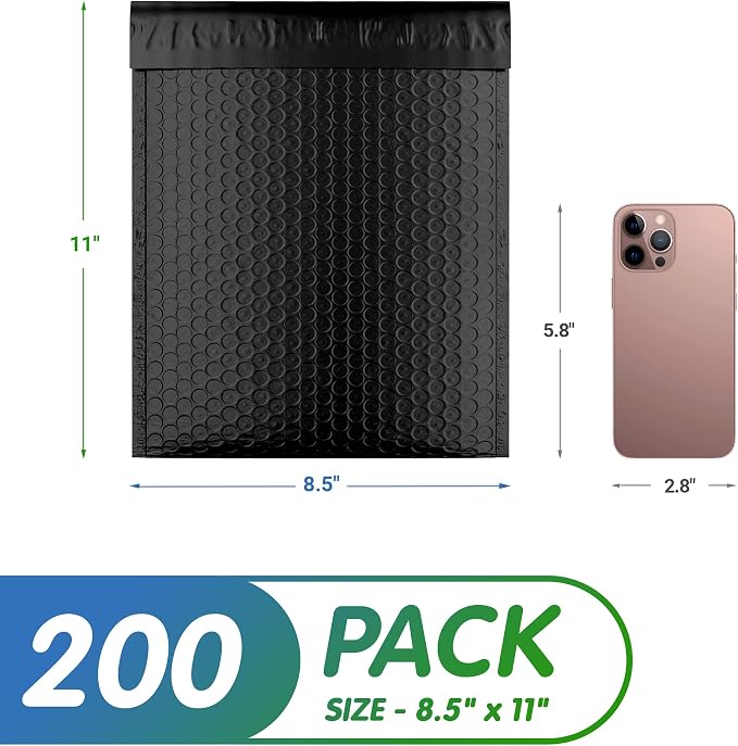 Poly Bubble Mailers, 8.5 x 11 Inch Matte Black Padded Mailers, Self Seal Shipping Envelopes, Lightweight Poly Mailer Bags, Waterproof Mailing Bags, Pack of 200
