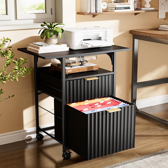 VINGLI 2 Drawer File Cabinet with 24'' Extended Desktop, Fluted Filing Cabinet Mobile Under Desk File Cabinet with Wheels, Fabric Drawers Printer Stand for Home Office, Fits Letter Size, Black