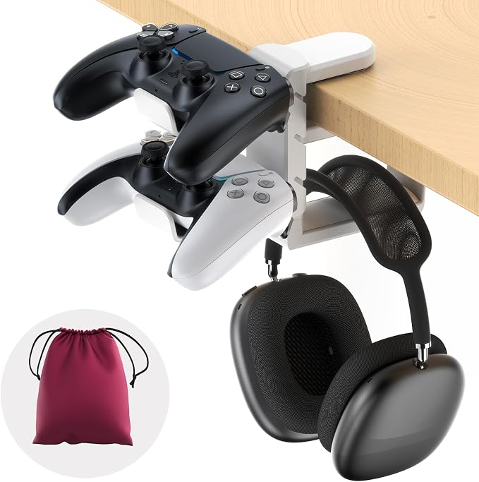 EURPMASK 3-in-1 Rotating Headphone Stand w/2 Detachable Controller Holders | Adjustable Clamp-on Headset Holder Hanger,Swivel,Gaming Headset Hanger,Cable Organizer,Father's Day Birthday Christmas Gift