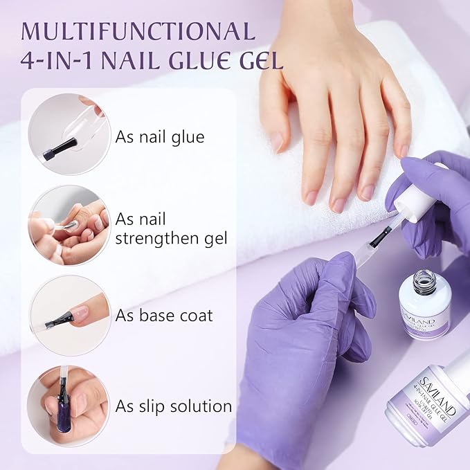 SAVILAND 4-in-1 Nail Gel Set, 2 pcs 15 ML Upgraded Nail Glue for Fake & Press on Nails, Gel Base Strengthen and Nail Repair Treatment, Replacement for Glue.