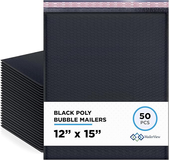 Black Large Poly Bubble Mailers 12x15 inch | Self Seal Padded Envelopes Cushioned Bubble Mailer | Usable Size 12x15 | WaterProof | Lightweight mailing Shipping Bags | 50 Pack Bulk