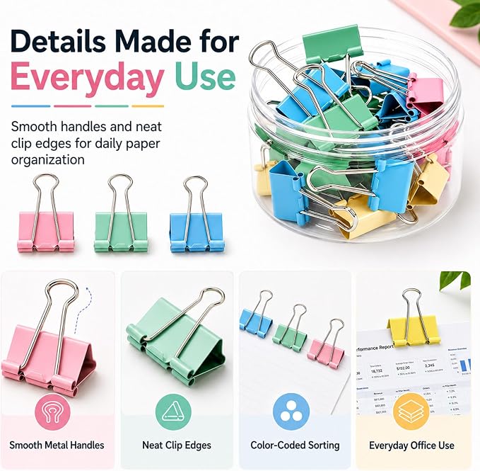 Binder Clips Assorted Sized, Metal Clips for Office, 60 Psc | 1 Box of Colored Paper clips and Binder Clips, Cute Office Supplies, Desk Accessories, Black, Colorful