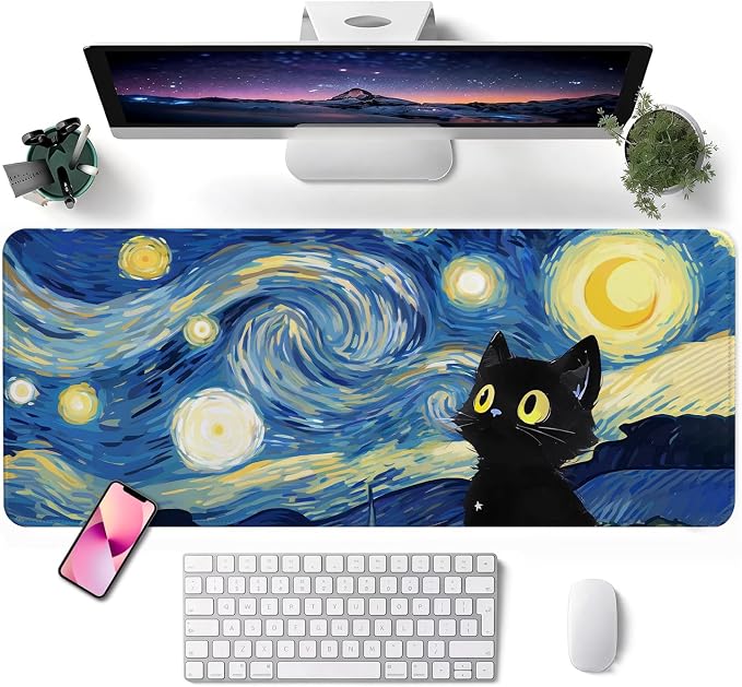 Mouse Pad, Desk Mat, 31.5x11.8in Large Mousepad | Desk Pad with Stitched Edge & Rubber Non-Slip Bottom, Gaming Mouse Pad, Mousepad for Home, Office, Blue Starry Sky Cat