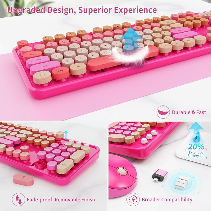 Nowlike Wireless Keyboard and Mouse Combo, Retro Typewriter Keyboard with Round Keycaps, Full-Size Ergonomic, Red, Ideal for Windows PC, Home, Office, and College, Wireless Keyboard Mouse Combo