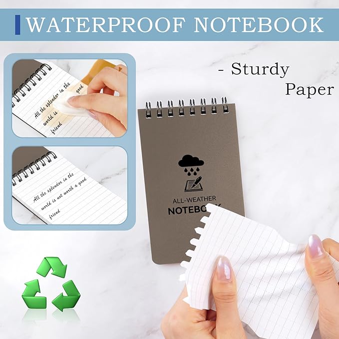 6 Pack Waterproof Notebook, 3 x 5 Pocket Notepad, Top-Spiral Weatherproof NotePad, All Weather Police Pocket Notebook Little Memo Steno Note Pads for Outdoor Office School Recording, Brown