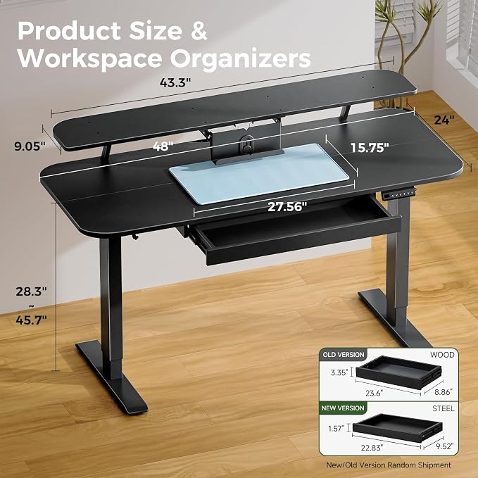 COMHOMA Electric Standing Desk with Drawers, 48 x 24'' Sit Stand up Desk with Monitor Stand, Laptop Stand, Height Adjustable Ergonomic Home Office Computer Desk with Memory Preset Controller (Black)