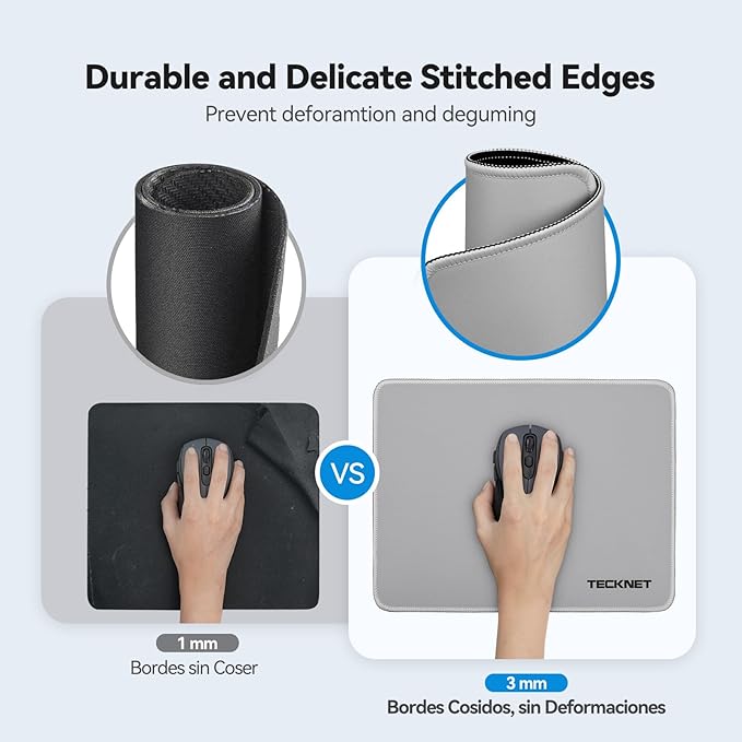 TECKNET Mouse Pad with Anti-fray Stitching, Waterproof Surface & Non-Slip Rubber Base with Stitched Edges Gaming Mouse Mat for Laptop，Compatible with Laser and Optical Mice - Grayish White