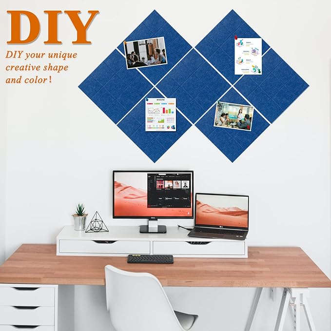 Large Square Felt Cork Board Tiles, Self Adhesive DIY Felt Bulletin Board Pin Board with 35 Pushpins for Office School Home Wall Decor Stickers Memos Photos Display (Blue)