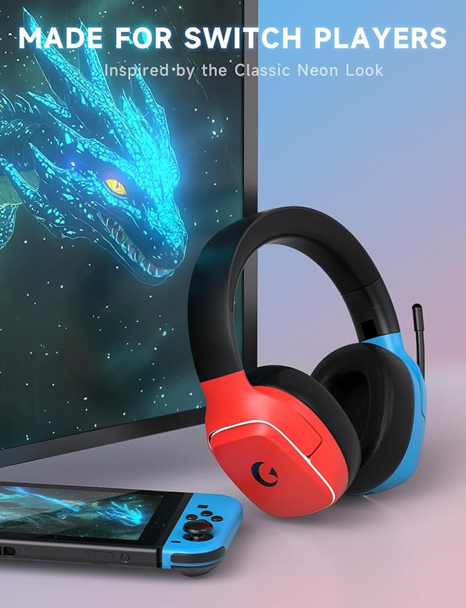 2.4GHz Wireless Gaming Headset for Switch/Lite/OLED - Bluetooth 5.3 Gaming Headphones with 7.1 Surround Sound for Fortnite, 50mm Speakers, 70H Battery, Blue Lighting - BlueRed