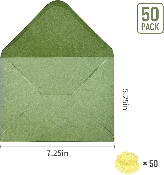 YINUOYOUJIA 50 PCS Sage Green Specialty Paper Envelopes A7, 5 x 7 Envelopes for Invitation, Great for Wedding Invitation Cards, Photos,Perfect for Birthday, Baby Shower, Graduation, Christmas