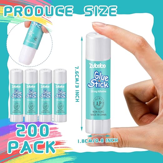 Zubebe 200 Count Glue Stick Bulk, 0.32 oz, 9g, Classic,Classroom Supplies | Washable,ideal for Students Teachers Employees school craft projects, scrapbooking, office stationery, art activities