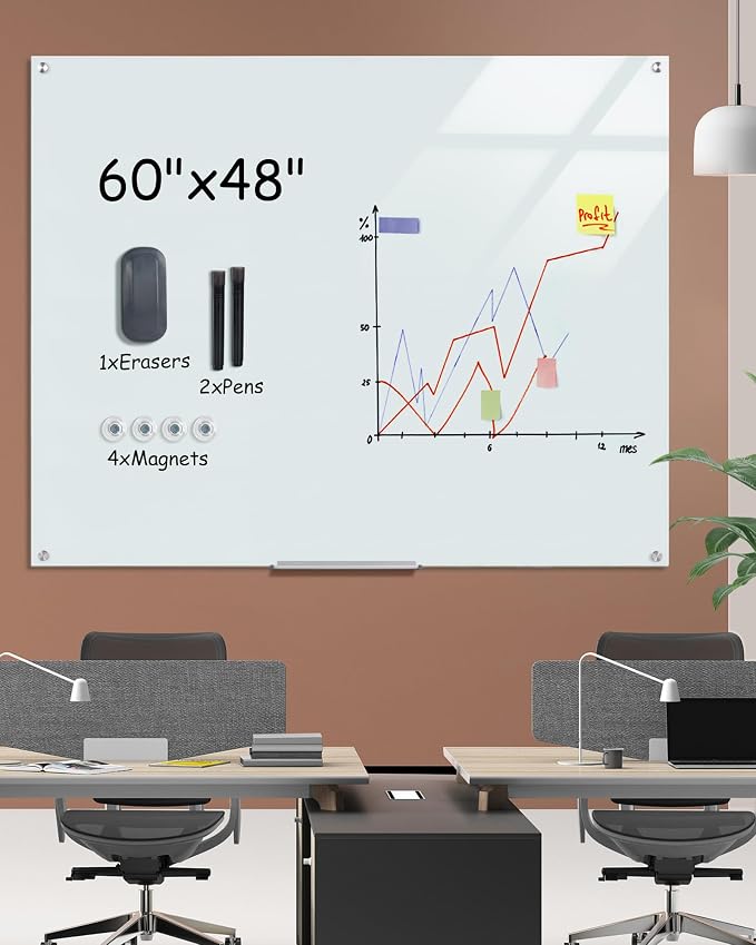 Mifuro Magnetic Glass Whiteboard，60"x48" Wall Mounted Frameless Dry Erase Board for Office, Home & School White