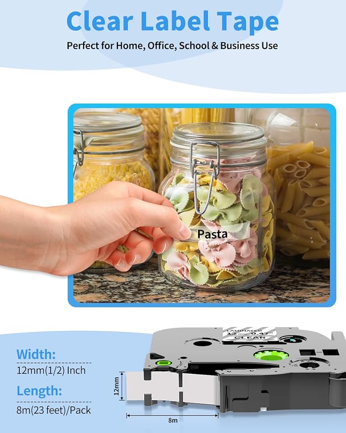 Colorty Clear Label Maker Tape TZe-131 Compatible with Brother P-Touch | TZ TZe 12mm 0.47" Laminated 1/2" Black on Clear Tape TZe131 for PT-D220 D210 H110 1180 1280 1890 Tape Refills, 6-Pack