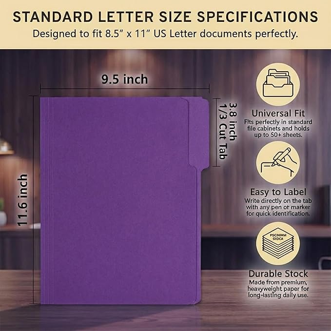 150 Packs Purple File Folder,Paper File Folders Letter Size,1/3-Cut Tabs,8.5x11 Inch File Folders for Office Filing,School Projects and Home,Organizer Documents