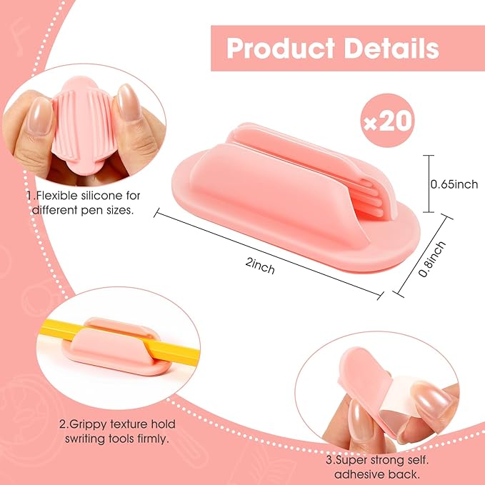 20 PCS Adhesive Pencil Holders for Desk, Silicone Pen Holder for Notebook Wall Clipboard, Durable Pencil Holder for Classroom School Office Home Teacher Student Supplies, Pink