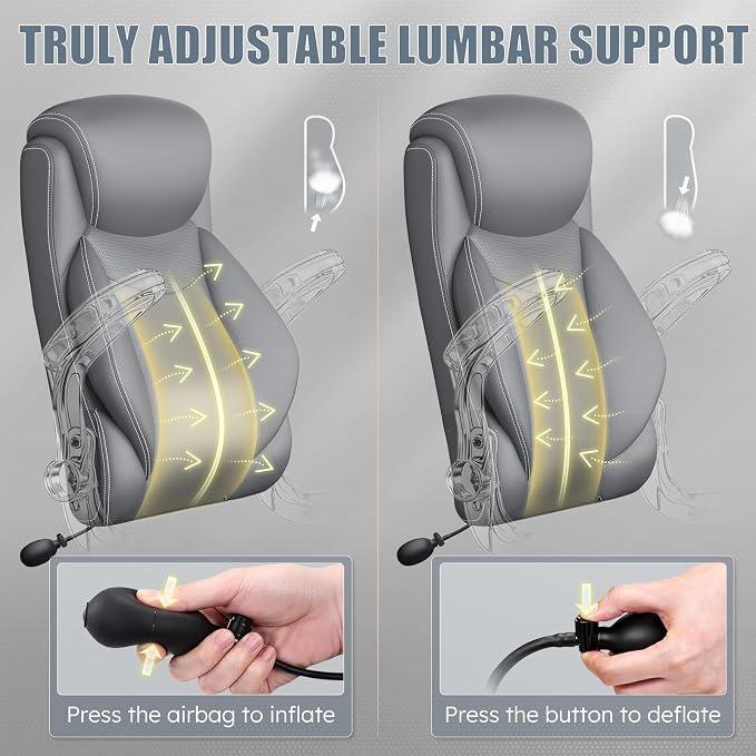 Ergonomic Office Chair, Big and Tall Office Chair, Executive Chair- Padded Leather Comfy Chair with Adjustable Lumbar Support & Flip-Up Arms, Rocking Swivel Chair for Home Office,Gray
