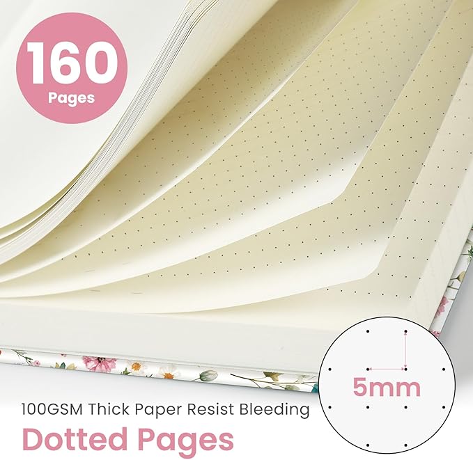 Taja Dotted Journal Notebook for Women & Men, Hardcover Leather Journal for Writing, A5 Dotted Journaling Notebook for Work & Sketching, Perfect for Office School Home Supplies, 160 Pages, Garden
