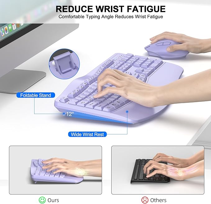 Wireless Keyboard and Mouse Combo, 2.4G Ergonomic Wave Keys(Purple) | Full Size Wave Keyboard with Wrist Rest, 3-Level DPI Adjustable Ergonomic Mouse for Windows and Mac OS Desktop/Laptop/PC