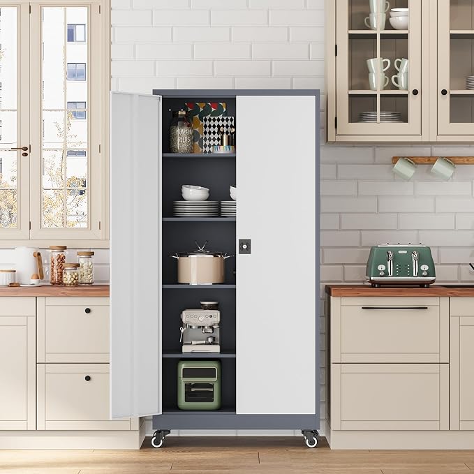 Fesbos Metal Rolling Storage Cabinet-74.6” Tall Steel File Cabinets with Wheels Lockable Doors and Adjustable Shelves-Gray & White Steel Storage Cabinet for Home, School, Office, Garage