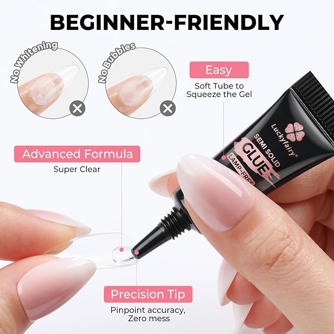 Luckyfairy Super Strong Nail Glue 5PcsX2g for Press On Nails | Quick Drying, Semi Solid Nail Glue Gel For Acrylic Fake Nails Tips, Mini Tubes, Mess-Free, No Lamp Needed, Beginners-Friendly