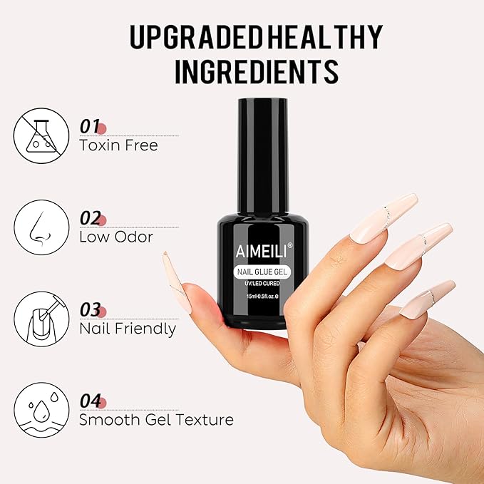 AIMEILI Hema Free 2 in 1 Nail Glue and Base Gel 15ML for Acrylic Nails, Cruelty Free, Vegan, Strong Nail Glue Gel for False Nails