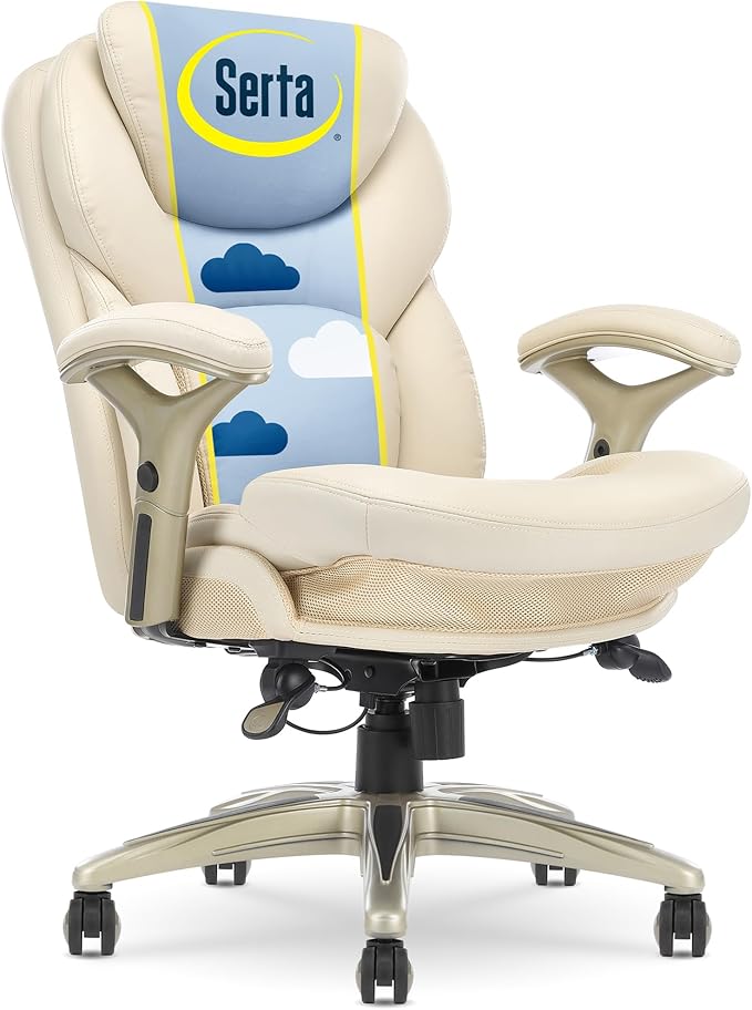 Serta Claremont Executive Office Chair with Back-In-Motion Technology, Ergonomic Mid-Back with Pivot Lumbar Support and Seat, Plush Cushion, Body Pillows, Adjustable Arms, Bonded Leather, Ivory White