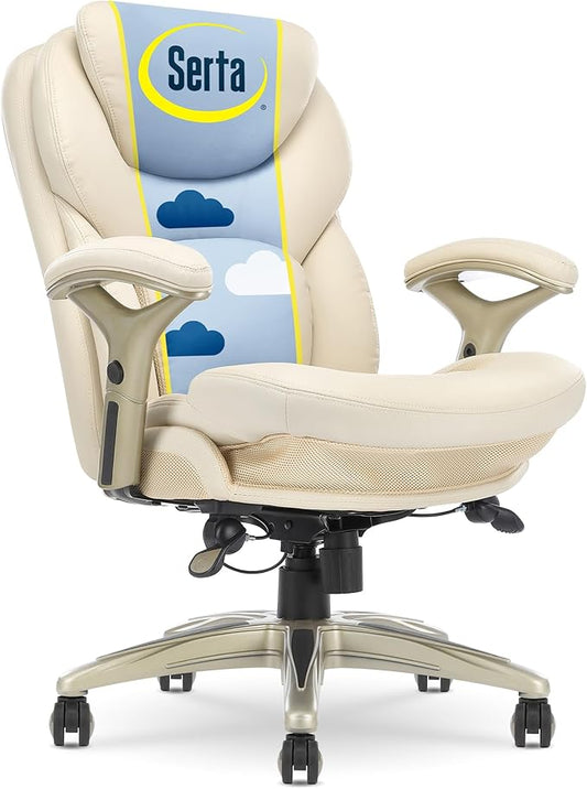 Serta Claremont Executive Office Chair with Back-In-Motion Technology, Ergonomic Mid-Back with Pivot Lumbar Support and Seat, Plush Cushion, Body Pillows, Adjustable Arms, Bonded Leather, Ivory White