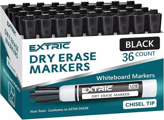 EXTRIC Black Dry Erase Markers Chisel Tip, 36 Count Whiteboard Markers, Chisel Tip Dry Erase Marker Bulk Classroom Pack White Board Marker for Teachers and Students