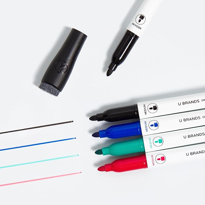 U Brands Dry Erase Markers with Eraser, Whiteboard Markers, Low Odor, Set of 12 (Assorted, Medium Point)