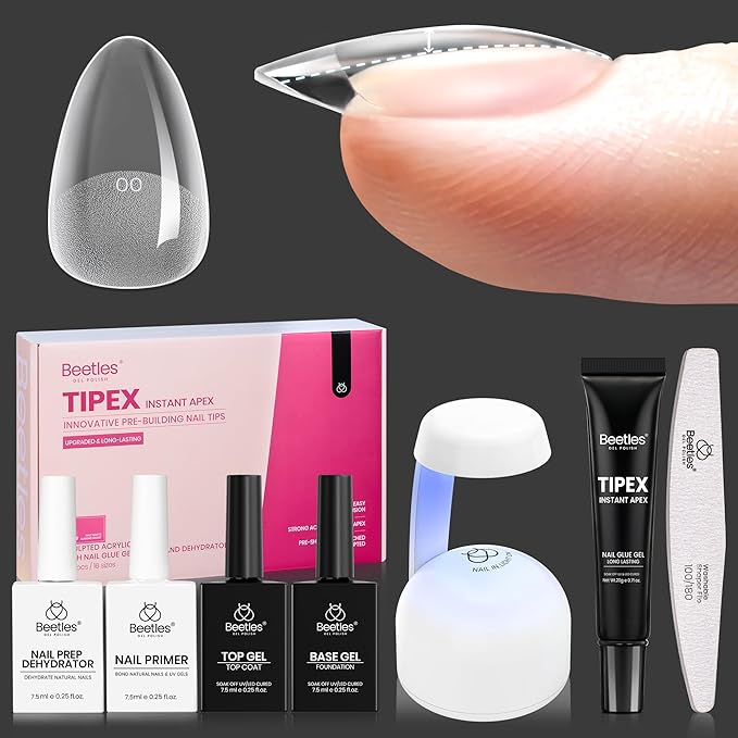 Beetles Tipex Instant Apex Nail Tips Kit with Dehydrator & Primer, Short Almond, 224PCS 16 Sizes, Reinforced Apex for Strong Long-Lasting Wear, 20g Solid Nail Glue, Mini UV Lamp, Base & Top Coat