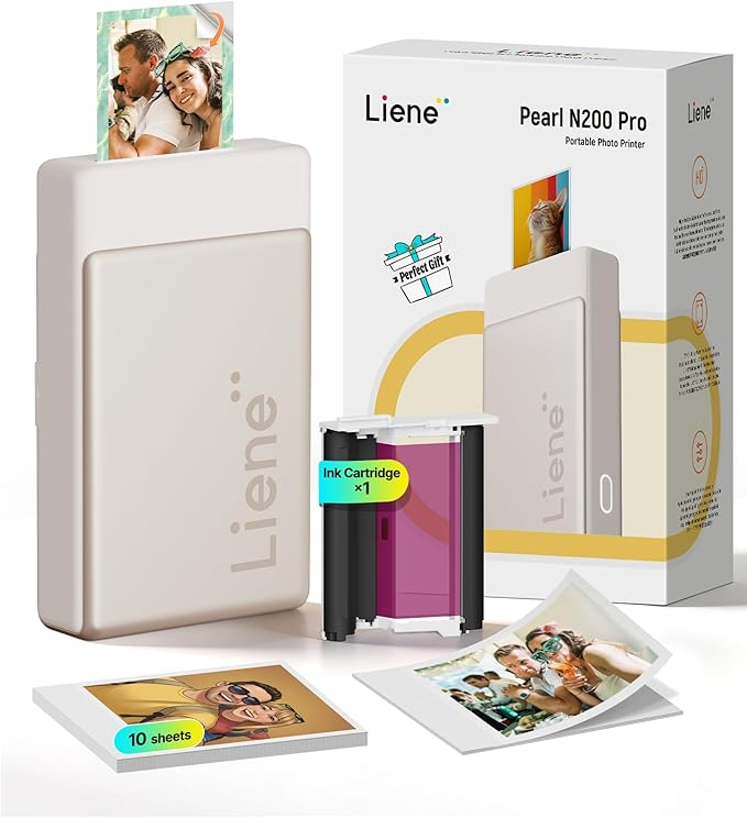 Liene Pearl N200 Pro Portable AI Photo Printer, Instant Mini Picture Printer for iPhone Smartphone, Thermal Dye Sublimation, Bluetooth Sticker Maker 10 Sheets 2x3 Adhesive Paper & 1 Cartridge, Gold