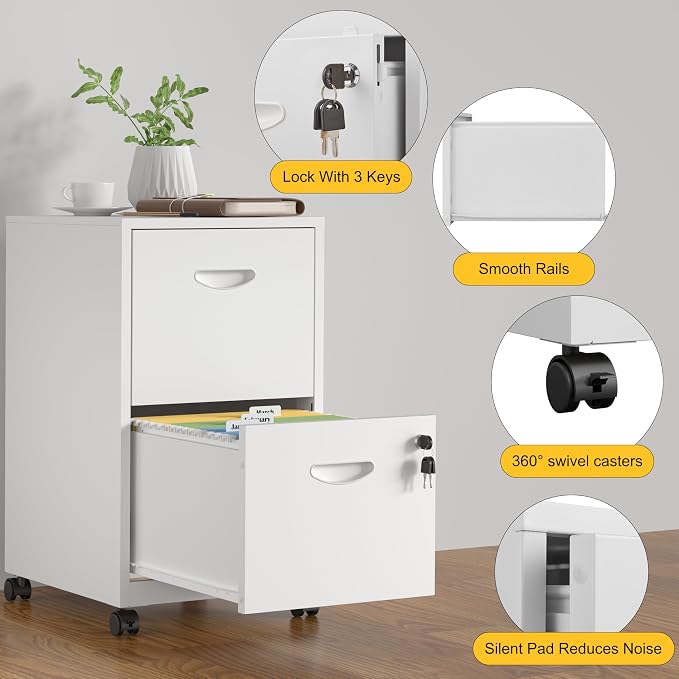 SteeLoong 2 Drawer File Cabinet,Metal Mobile File Cabinet with Lock White | Filing Cabinet with Wheel,Vertical File Cabinet for Home Office,Under Desk Rolling File Cabinets for Hanging Letter/A4