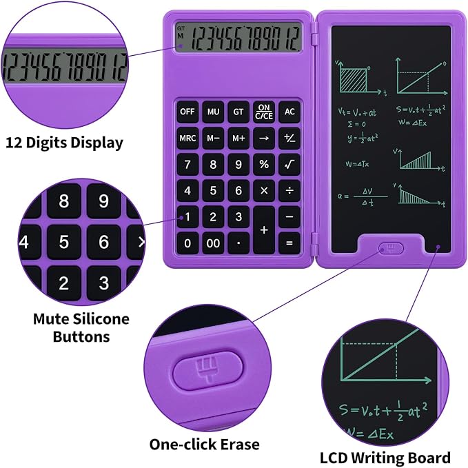 Desk Portable Calculator, Small Calculators with Writing Notepad, Purple | Basic Calculator, More Lightweight and Portable, 12 Digit Large Display Multi-Function for Office, Home & Financial (Purple)