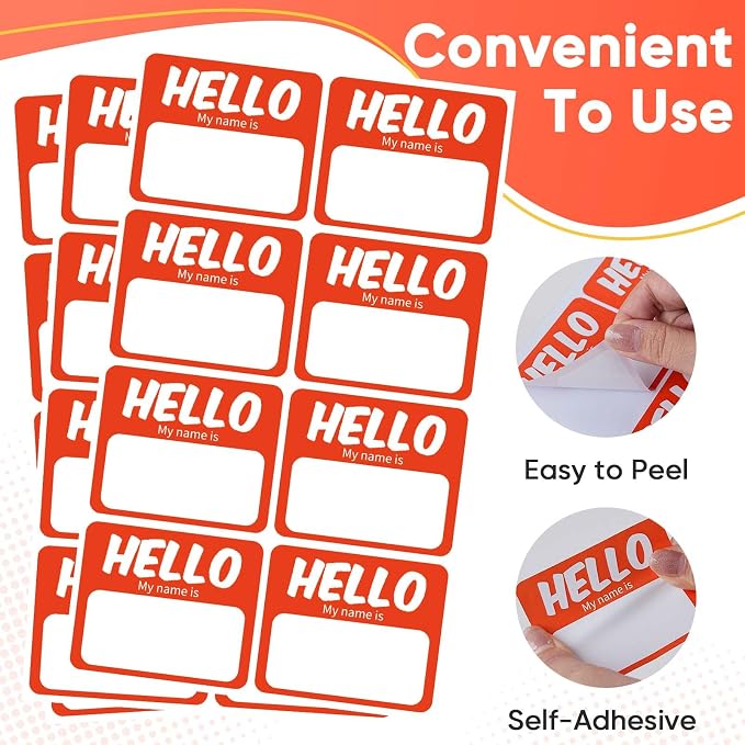 256 Pcs Name Tags Sticker 3"x2.5" Hello My Name is Stickers, Orange-red Name Labels Adhesive Identification Name Badges for School, Office, Meeting, Family Parties, Mailing