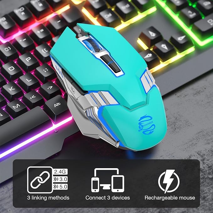 3-Mode RGB Silent Rechargeable Wireless Gaming Mouse Green | BT5.0/BT3.0+2.4G connection, RGB backlight & quiet click, for gaming office, compatible with Laptop, PC, Mac, iPad & Tablet