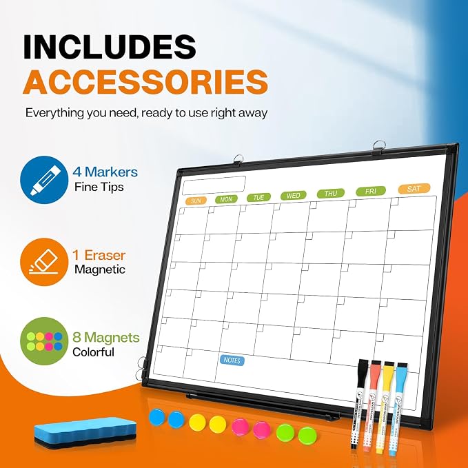 White Board Calendar 36 x 24 Monthly Whiteboard Dry Erase Calendar | Double-Sided Magnetic Calendar, Wall Planning Board with Marker Kits for Home, School, Office