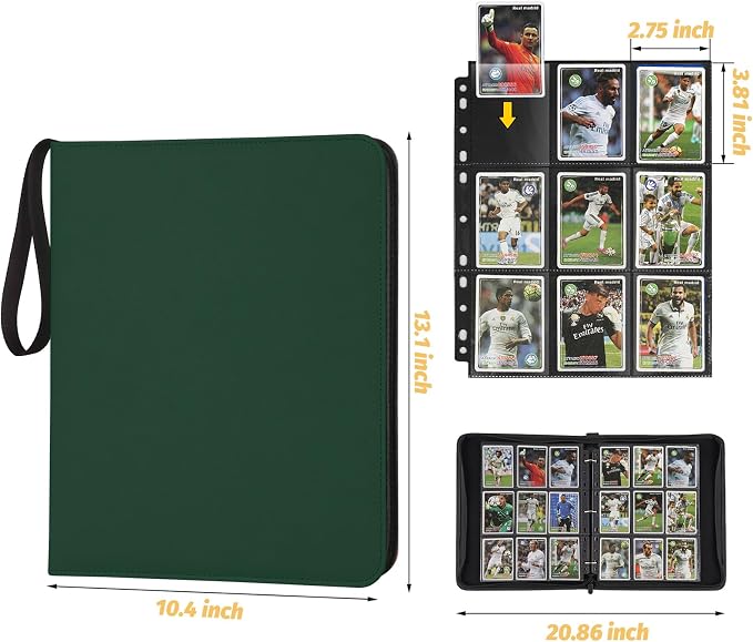 GERMUN 3 Ring 9 Pocket Zipper Card Binder, 720 Double Sided Standard PU Trading Card Album Folder for TCG & Sports Cards, Not Fit Top Loaders (DARK GREEN)