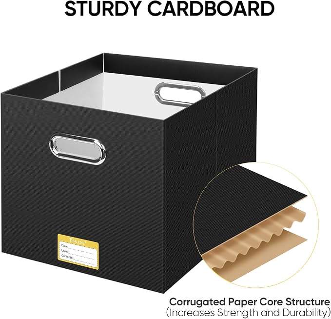 BALEINE File Organizer Box, Cardboard File Folder Organizer with Handle for Letter Size, Portable Collapsible Hanging Filing Box for Home Office Document Storage (2 Pack, Large Black)