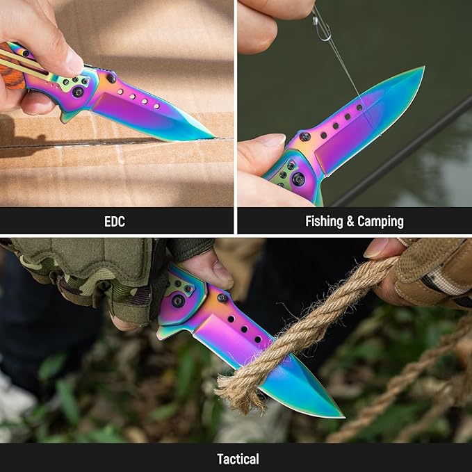 Pocket Knife for Men - Sharp Blade Wood Handle Pocket Folding Knives with Clip, Glass Breaker - EDC Knives for Survival Camping Fishing Hiking Women, Large, Rainbow